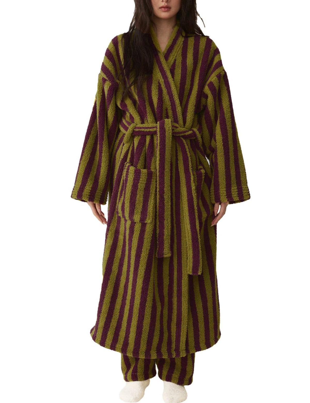 Arssm Womens Striped Fluffy Robe Long Plush Fuzzy Warm Bathrobes