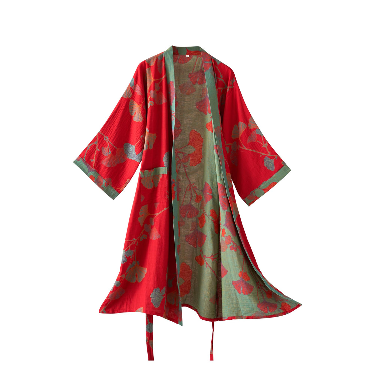 100% Cotton Gauze Ginkgo Leaf Kimono Robe, Long Knit Loose Loungewear Bathrobe Nightgown Ladies Sleepwear for Women