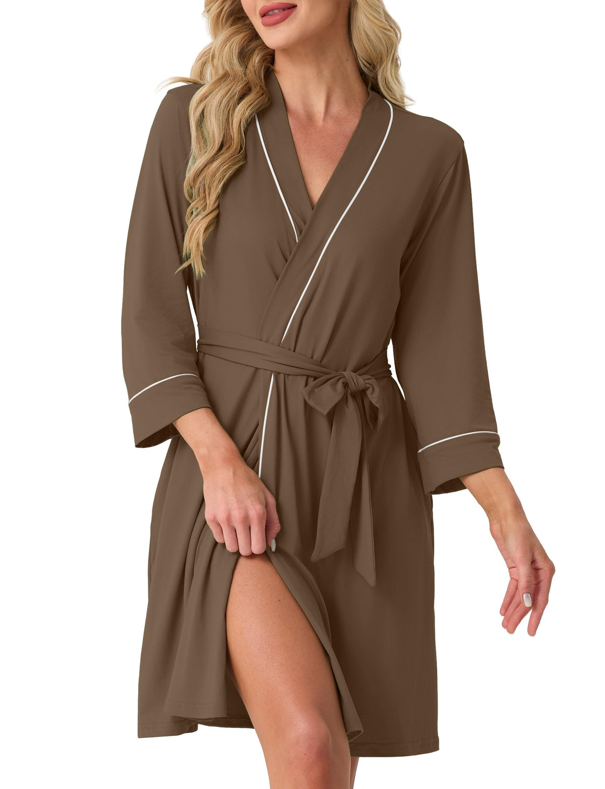 PrinStory Womens Robe Knee Length Soft Knit Bathrobe S-2XL