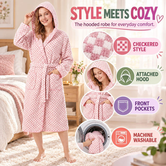 PJGGZ Checkered Hooded Bathrobe for Women, Lightweight Microfiber Towel Material Quick Dry Soft Absorbent Y2K Trendy Robe
