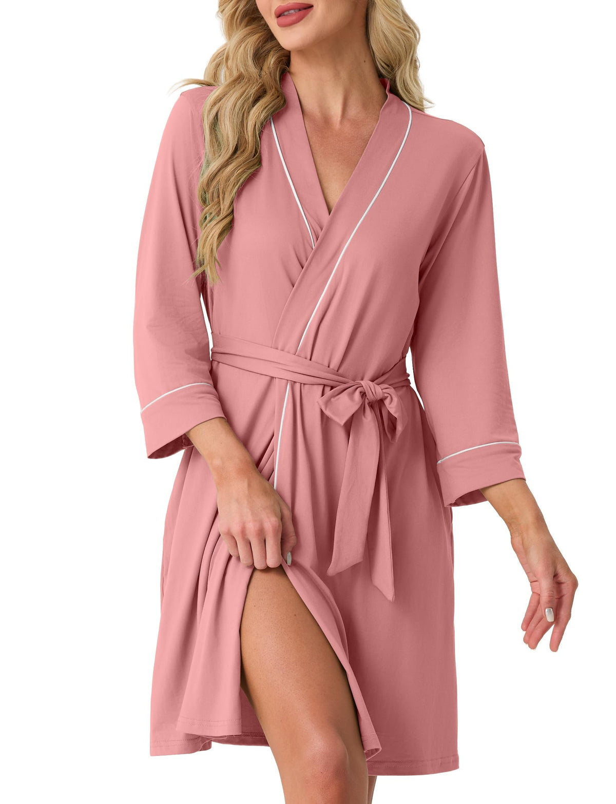 PrinStory Womens Robe Knee Length Soft Knit Bathrobe S-2XL