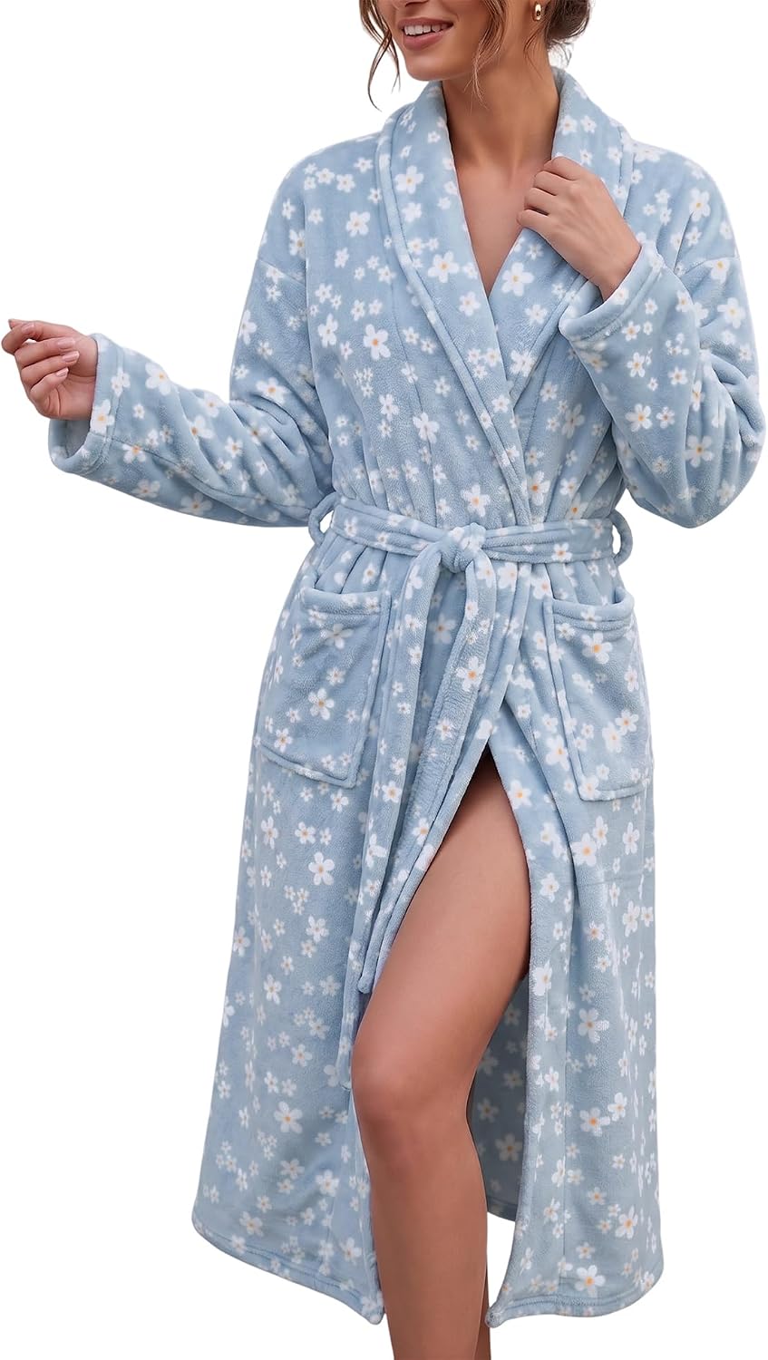 Fleece Robes for Women Cute Soft Printed Bathrobe Lightweight Fall Winter Robe with Belt
