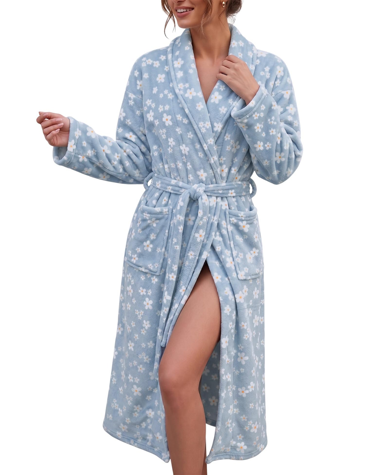 Fleece Robes for Women Cute Soft Printed Bathrobe Lightweight Fall Winter Robe with Belt