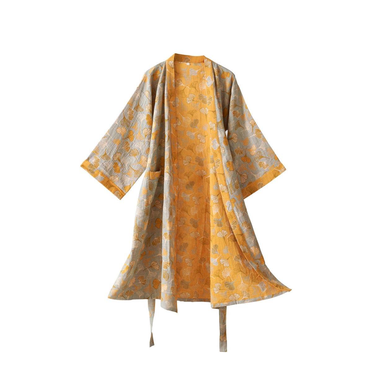 100% Cotton Gauze Ginkgo Leaf Kimono Robe, Long Knit Loose Loungewear Bathrobe Nightgown Ladies Sleepwear for Women