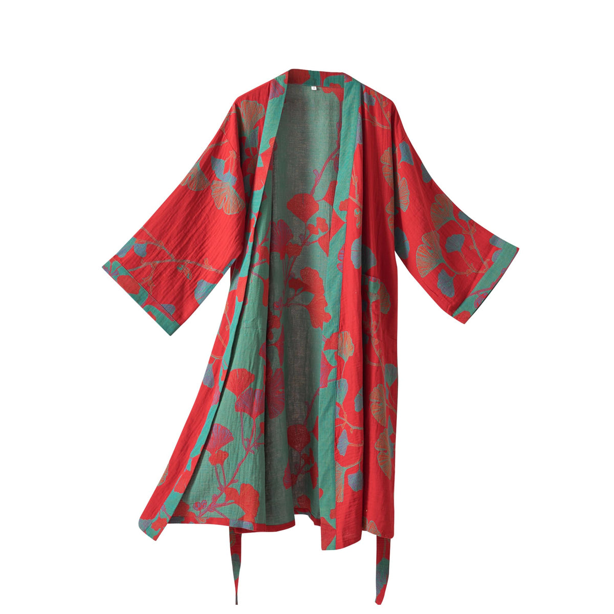 100% Cotton Gauze Ginkgo Leaf Kimono Robe, Long Knit Loose Loungewear Bathrobe Nightgown Ladies Sleepwear for Women