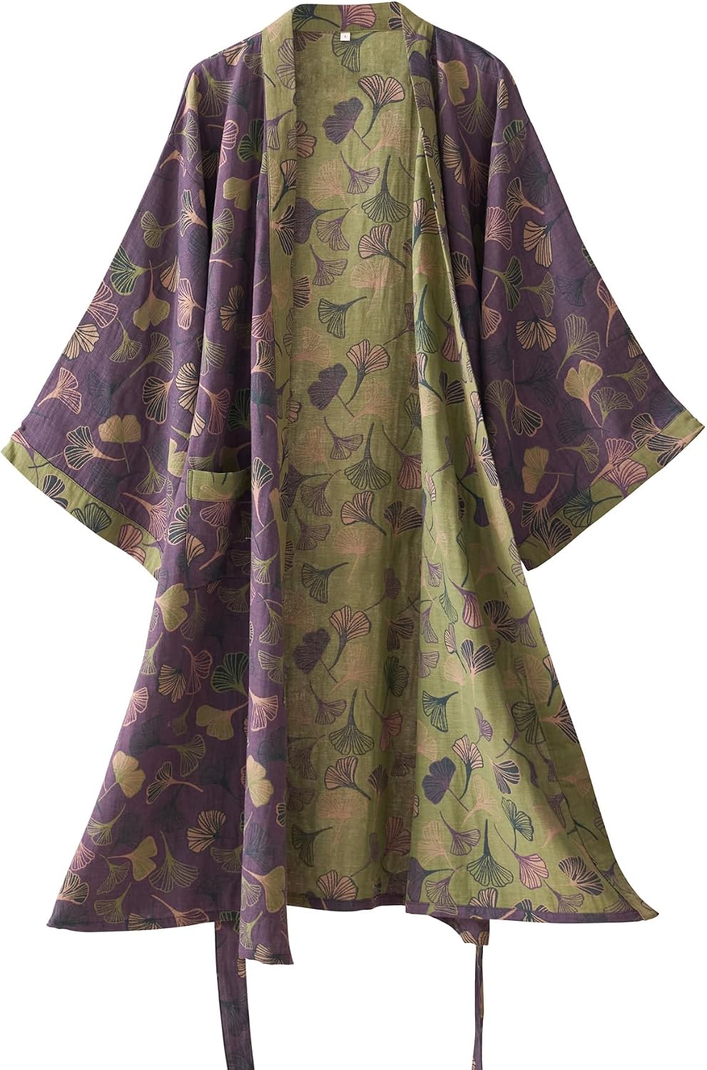 100% Cotton Gauze Ginkgo Leaf Kimono Robe, Long Knit Loose Loungewear Bathrobe Nightgown Ladies Sleepwear for Women