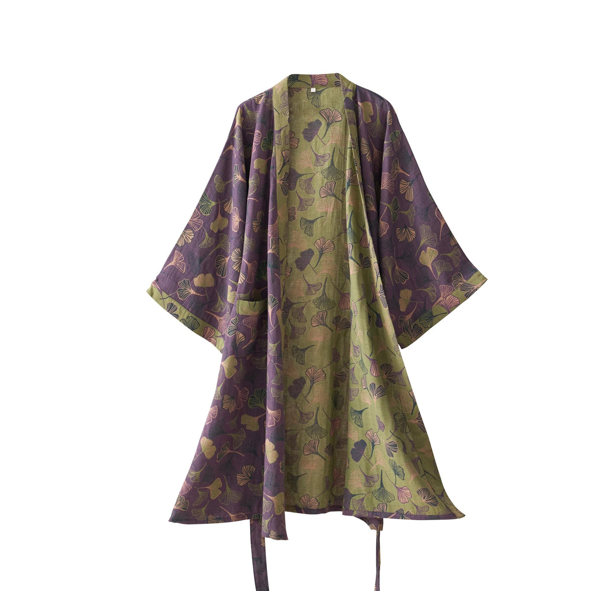 100% Cotton Gauze Ginkgo Leaf Kimono Robe, Long Knit Loose Loungewear Bathrobe Nightgown Ladies Sleepwear for Women