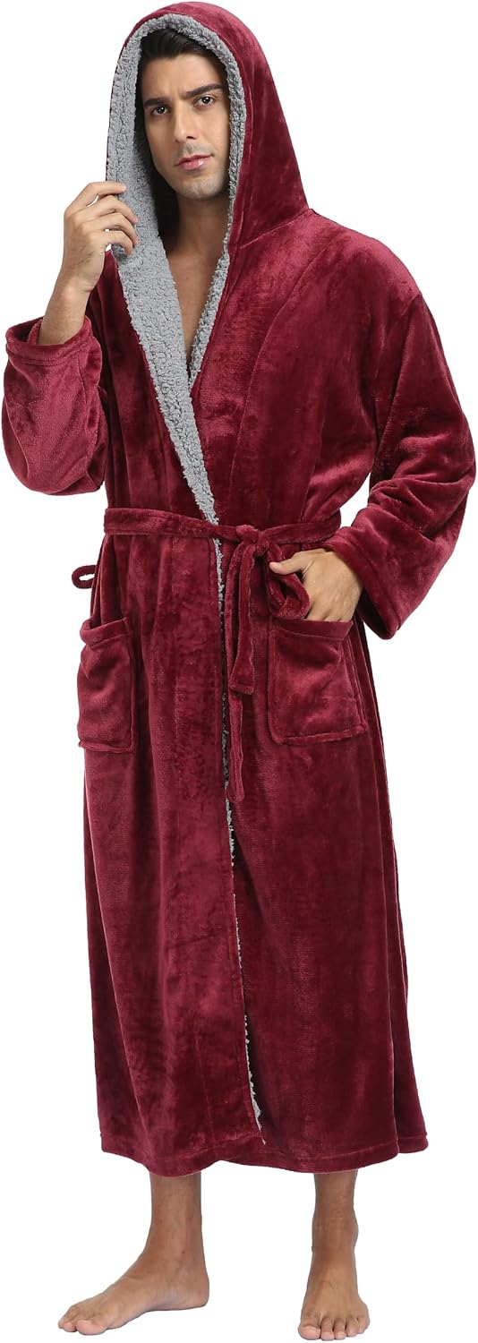 Mens Long Flannel Robes with Hood Plush Warm Bathrobes Cozy Fleece Spa Robe