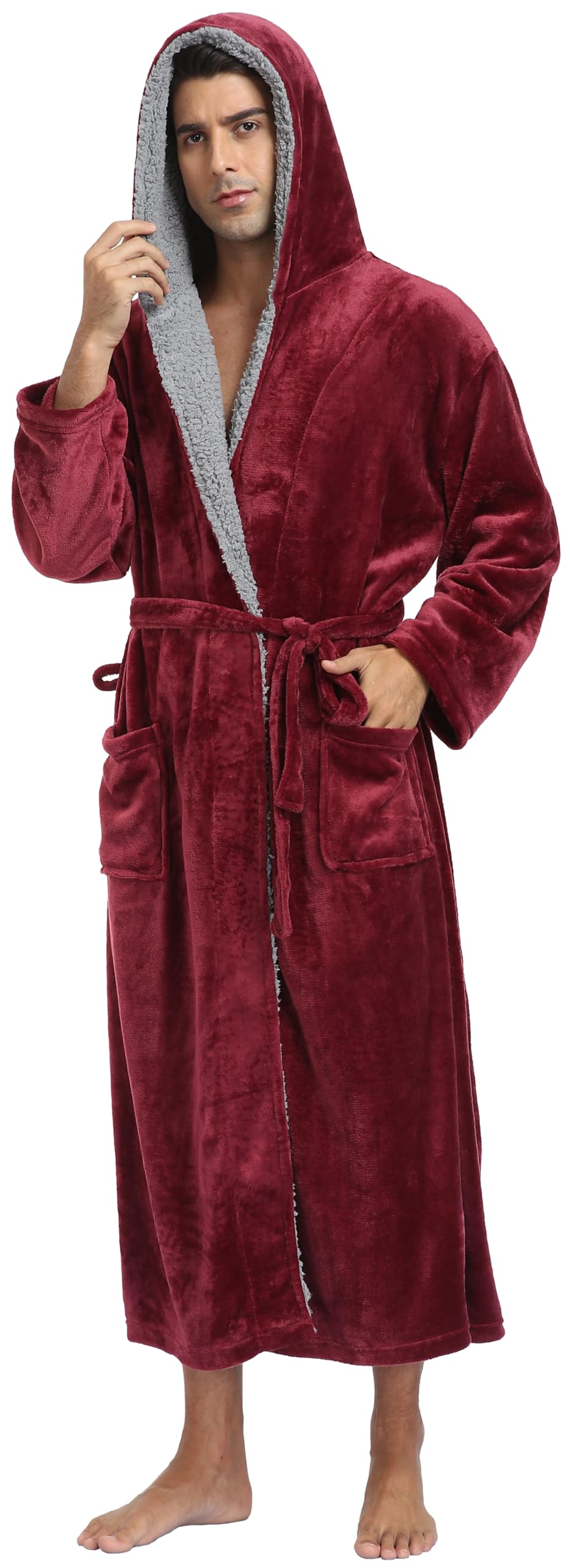 Mens Long Flannel Robes with Hood Plush Warm Bathrobes Cozy Fleece Spa Robe