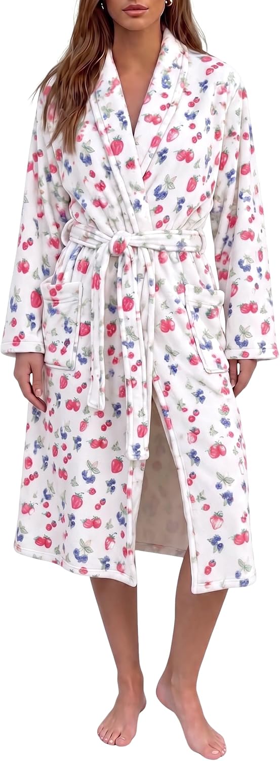 Fleece Robes for Women Cute Soft Printed Bathrobe Lightweight Fall Winter Robe with Belt