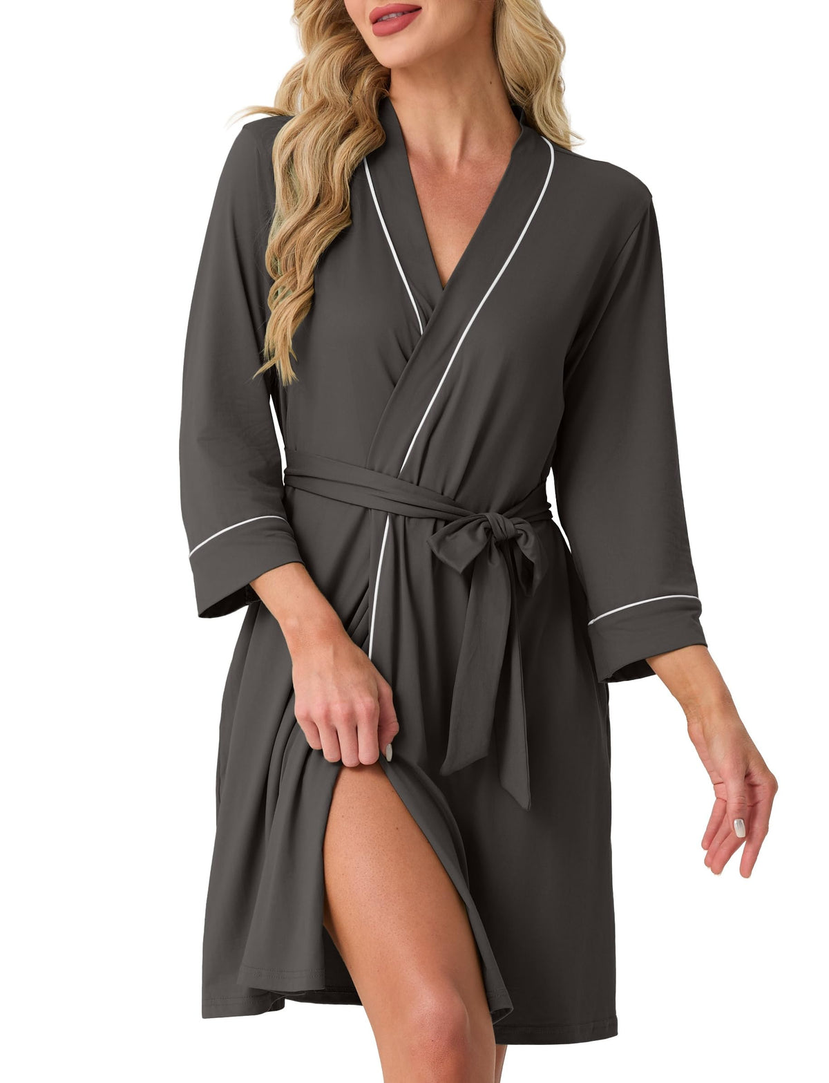 PrinStory Womens Robe Knee Length Soft Knit Bathrobe S-2XL