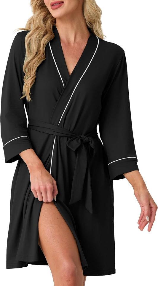 PrinStory Womens Robe Knee Length Soft Knit Bathrobe S-2XL