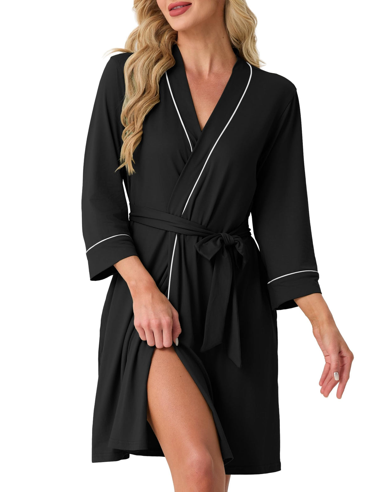 PrinStory Womens Robe Knee Length Soft Knit Bathrobe S-2XL