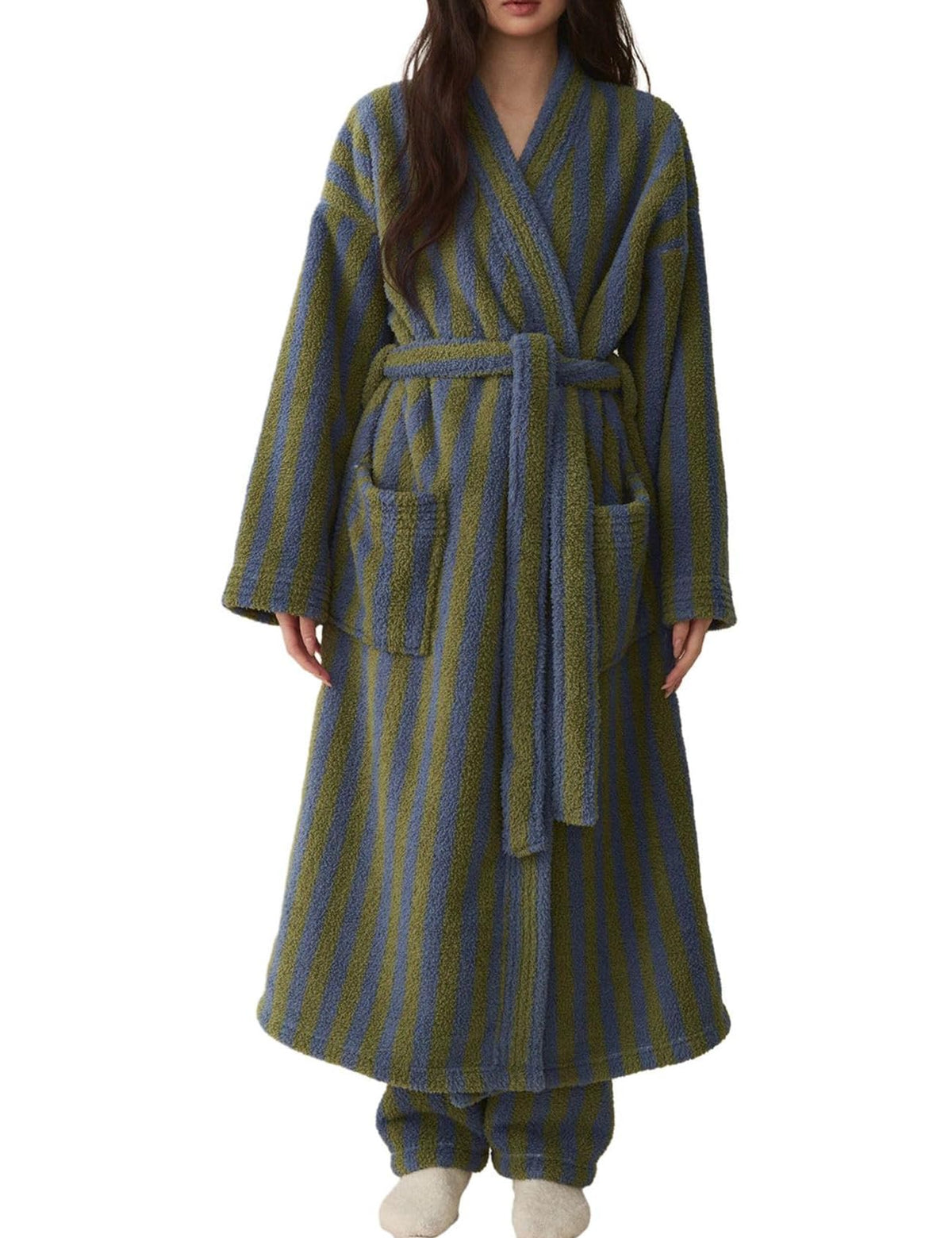 Arssm Womens Striped Fluffy Robe Long Plush Fuzzy Warm Bathrobes