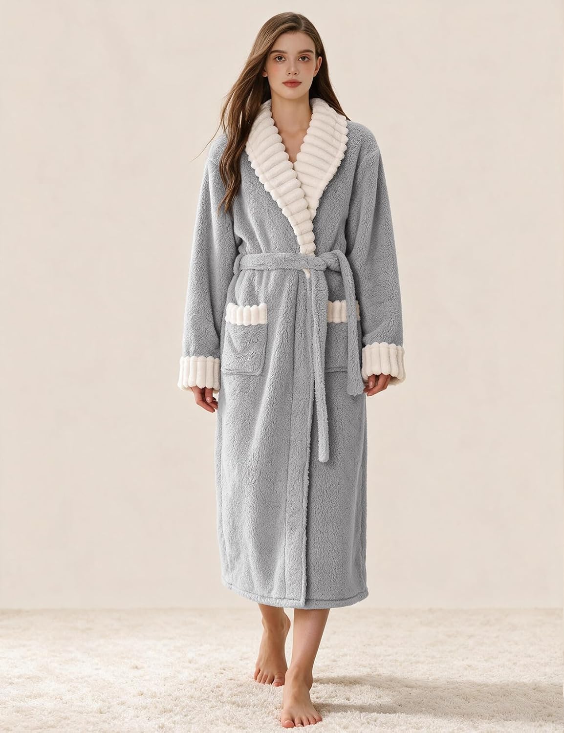 Kissonic Womens Long Bath Robe Plush Warm Fluffy Fleece Bathrobes