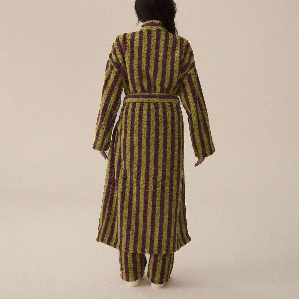 Women's Fuzzy Fleece Long Robe Striped Plush Kimono Warm Thick Fluffy Oversized V Neck Loungewear Maxi Bathrobe