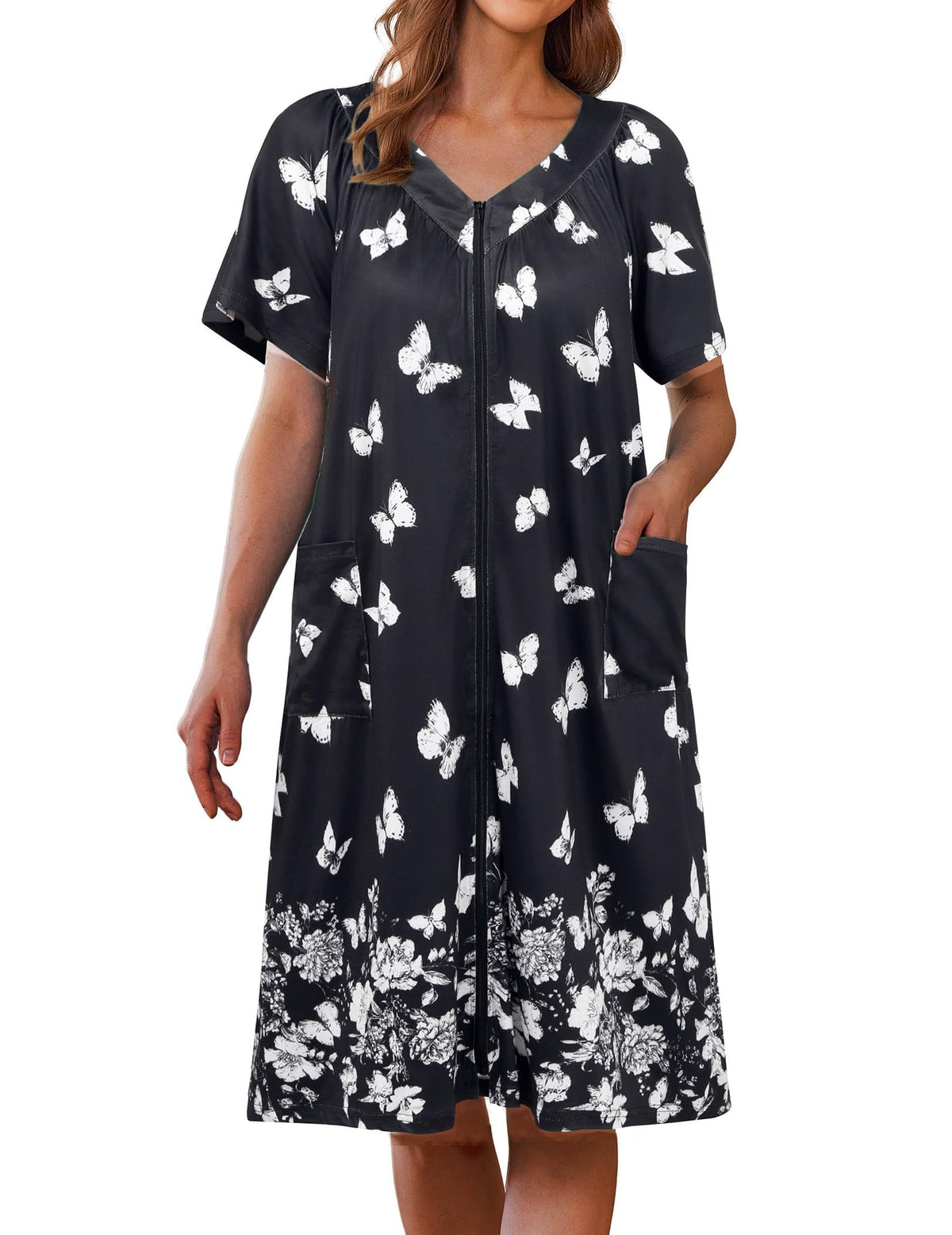 Ekouaer Women's Zipper Front Mumu Duster Robes with Pockets Soft Housecoat