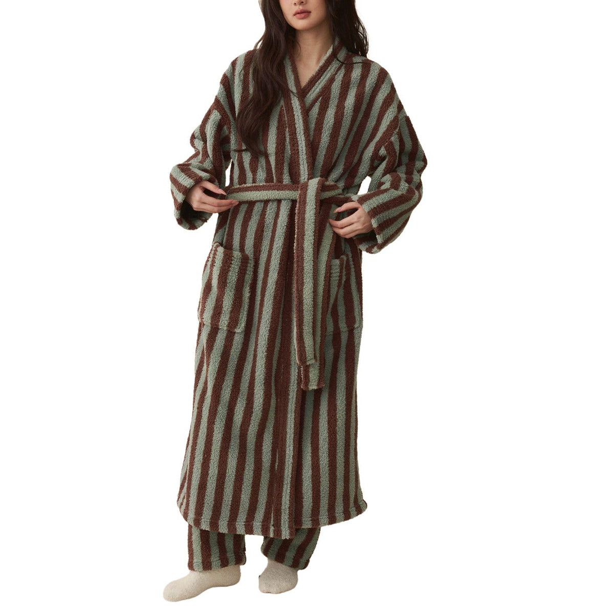Women's Fuzzy Fleece Long Robe Striped Plush Kimono Warm Thick Fluffy Oversized V Neck Loungewear Maxi Bathrobe