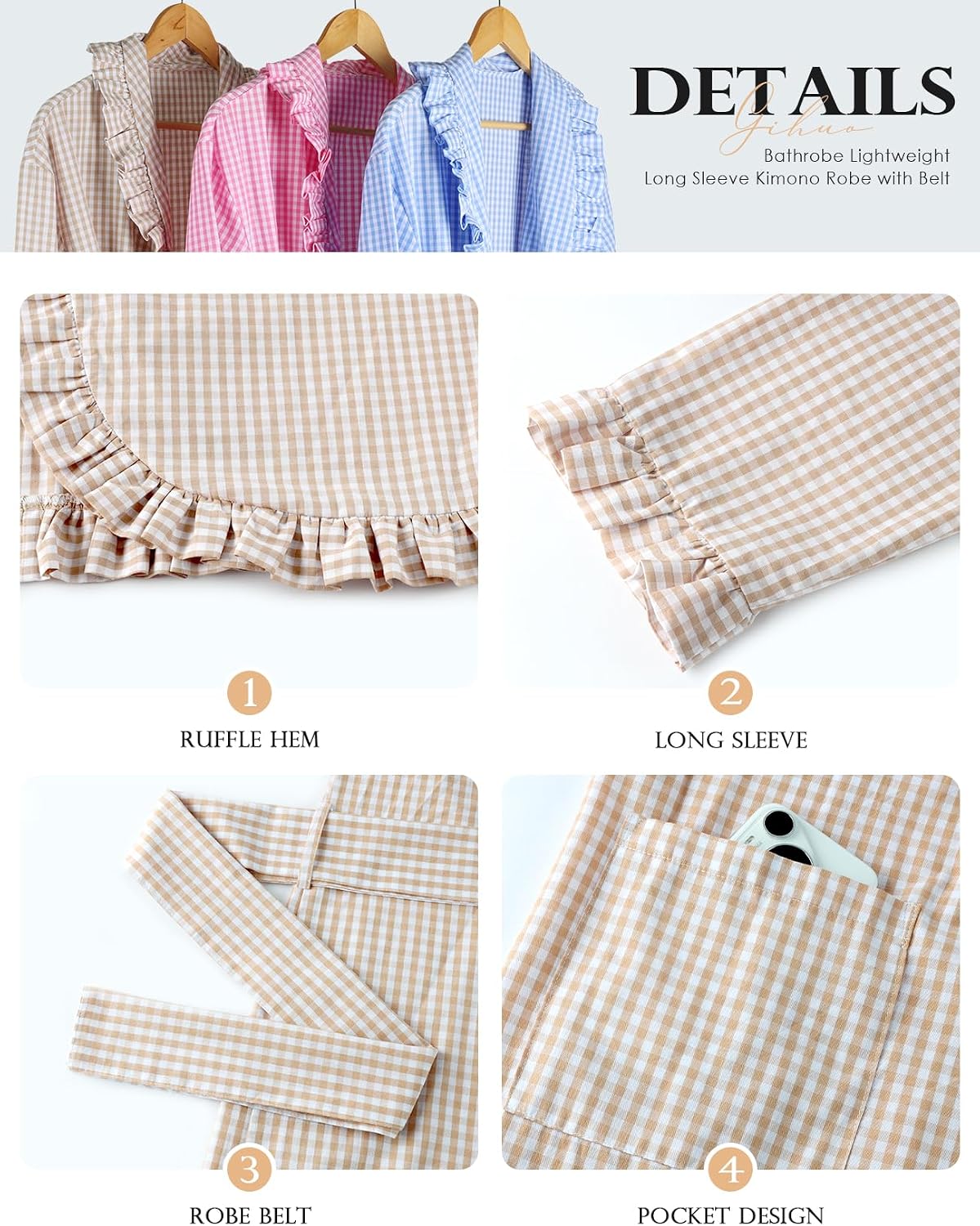 Gihuo Cotton Robes for Women Gingham Long Sleeve Ruffle Trim Bathrobe