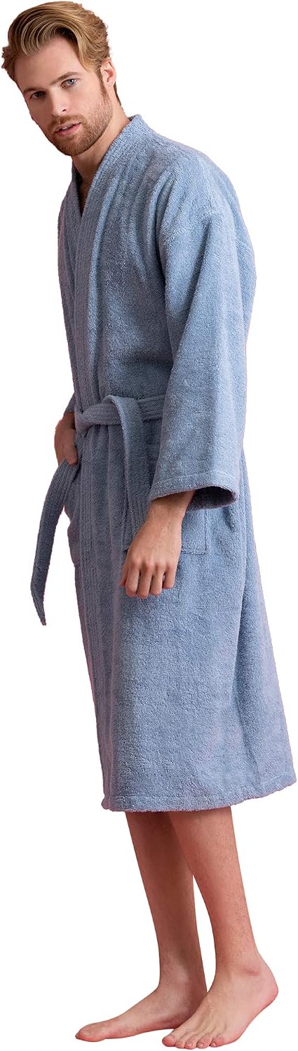 Men's Turkish Terry Kimono Style Bathrobe - 100% Cotton Robe for Men - Comfortable & Absorbent - Soft & Cozy Wear