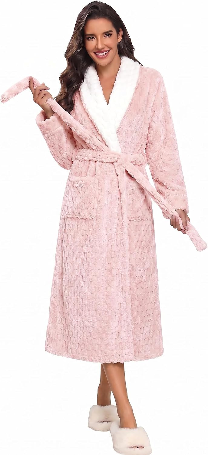 Ekouaer Women's Robe Long Winter Plush Jacquard Bathrobe with Pockets S-XXL