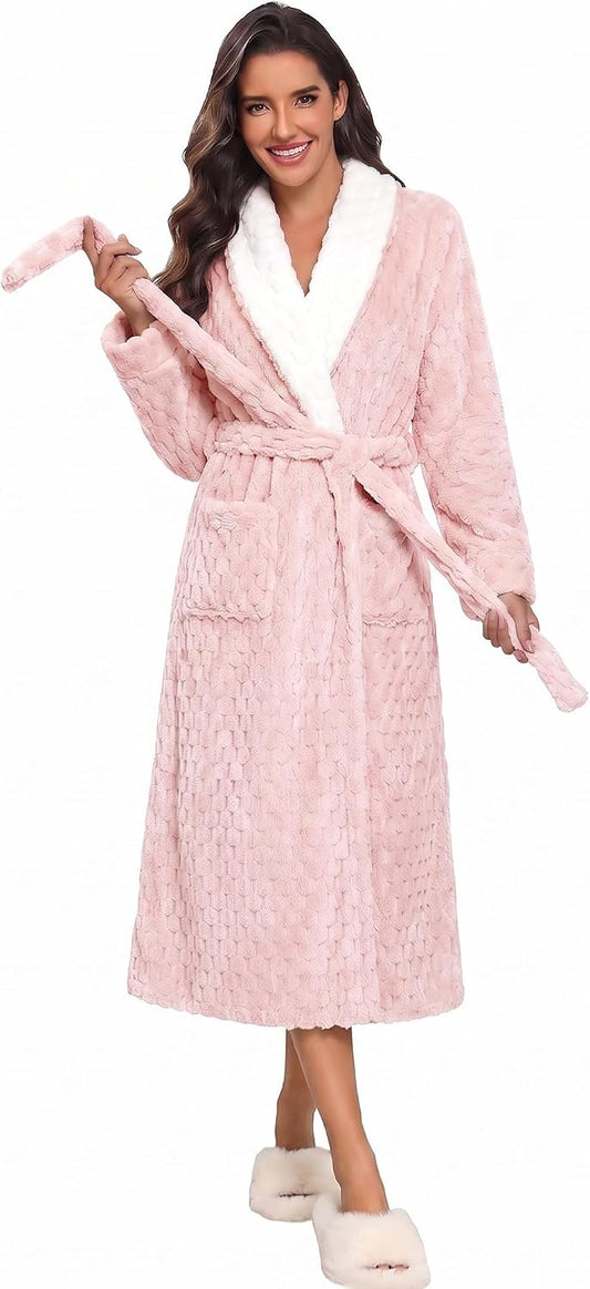 Ekouaer Women's Robe Long Winter Plush Jacquard Bathrobe with Pockets S-XXL