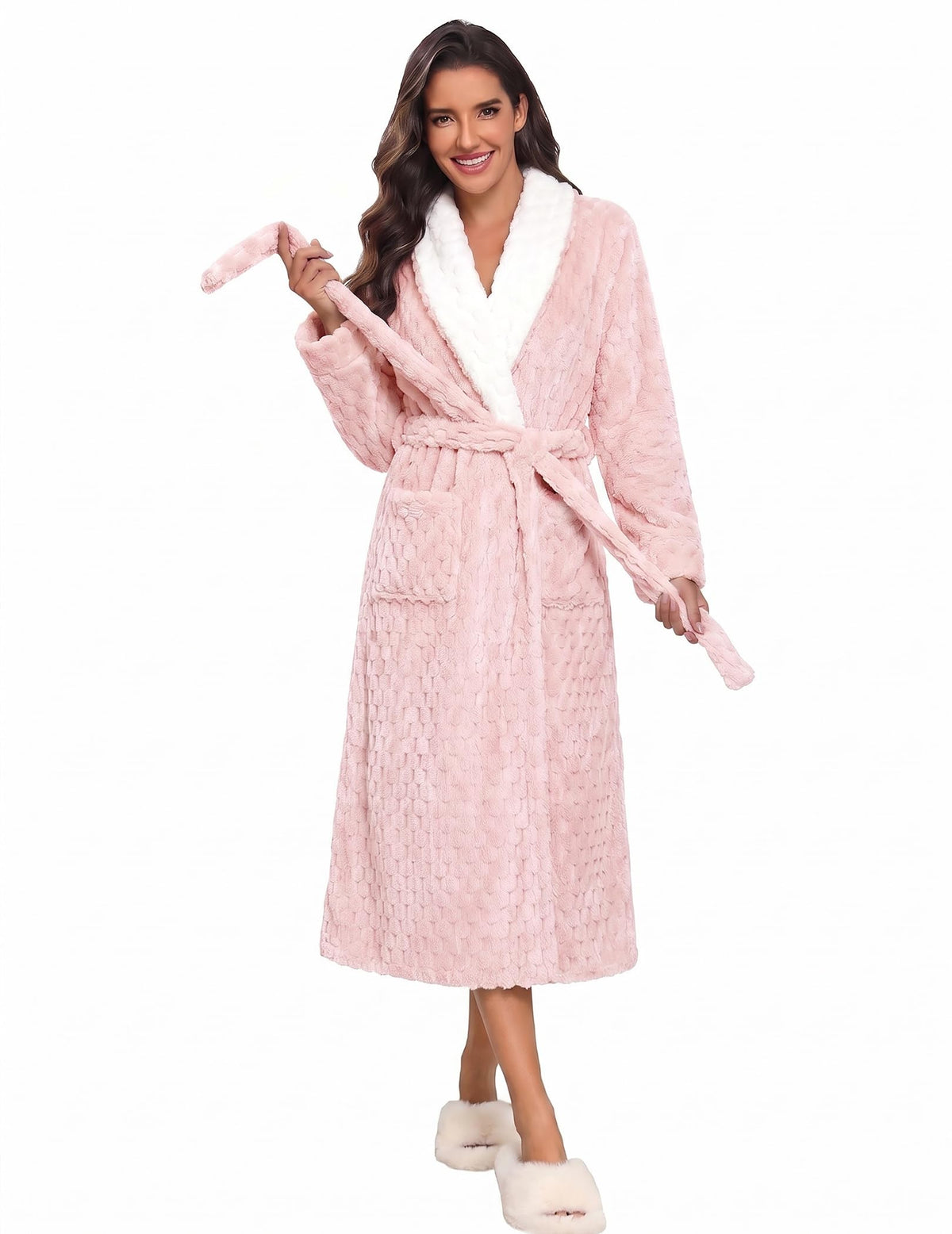 Ekouaer Women's Robe Long Winter Plush Jacquard Bathrobe with Pockets S-XXL