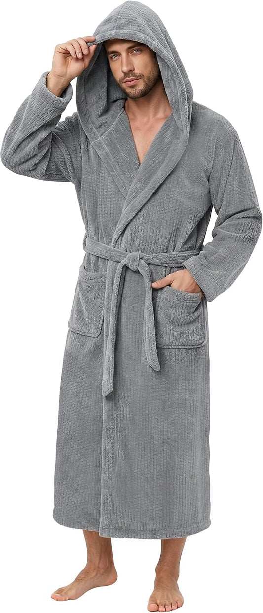 PJGGZ Men's Bathrobes with Hood, Soft Long Towel Robe for Men - Super Absorbent Quick Dry yet Warm