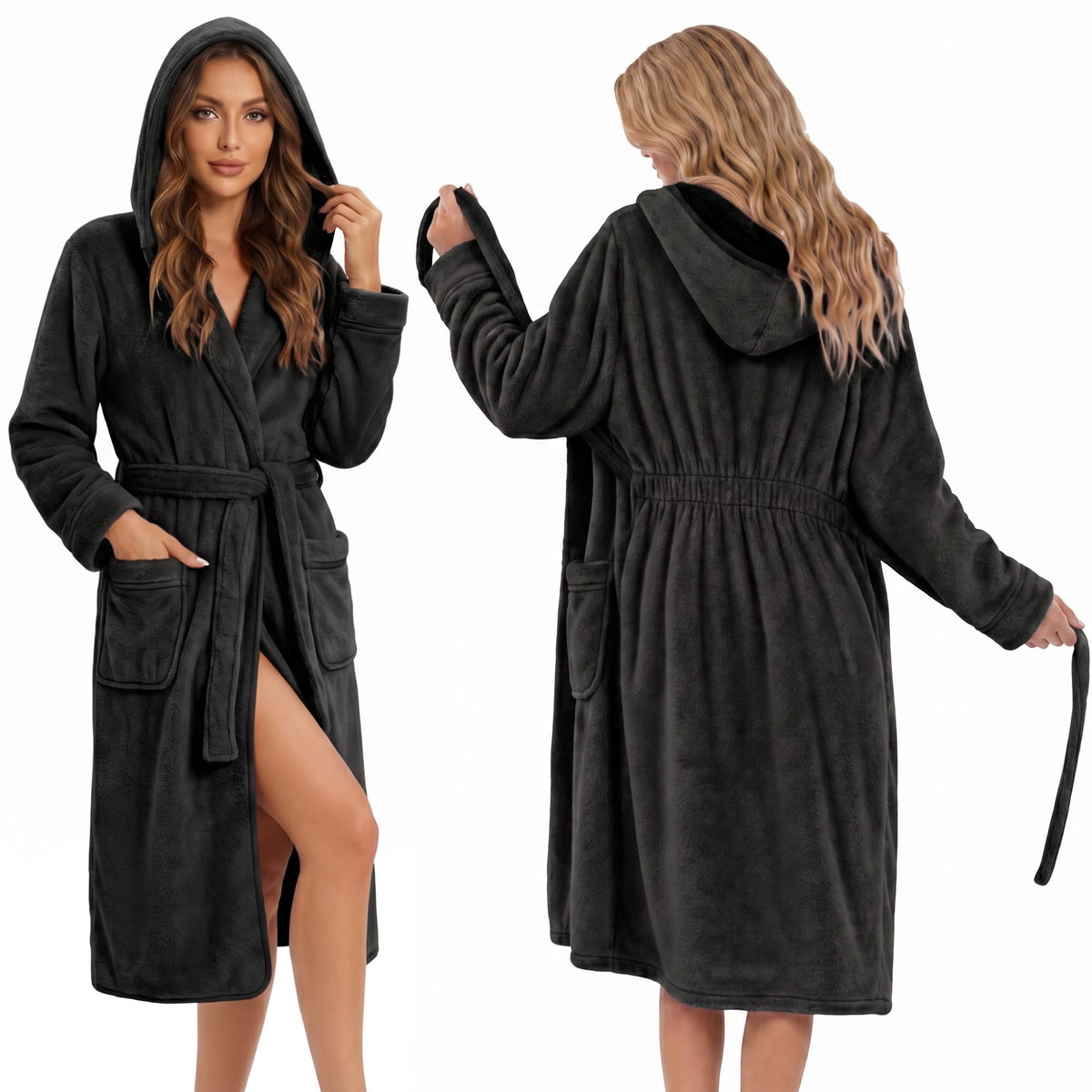 HEARTNICE Womens Hooded Fluffy Robe, Soft Long Bathrobe with Cinched Waist, Cozy Housecoat with Pockets