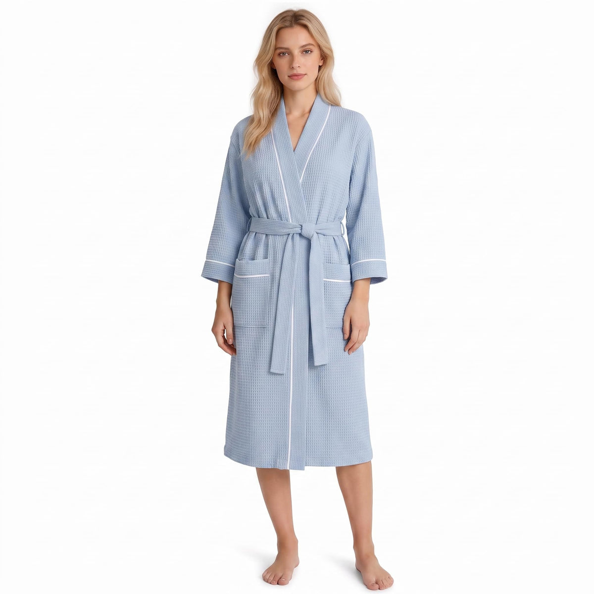Inner Wish Women's Cotton Waffle Kimono Robe, Lightweight Quick Dry Spa Shower Robe with Pockets