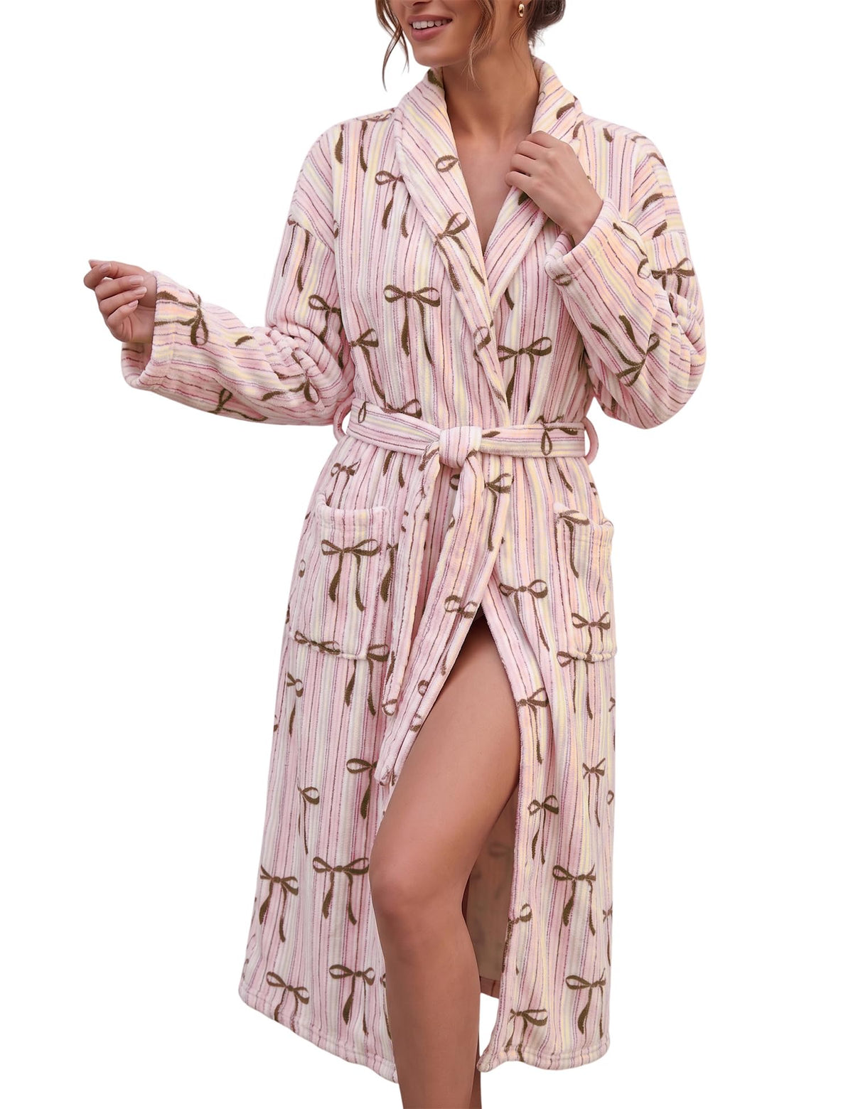 Fleece Robes for Women Cute Soft Printed Bathrobe Lightweight Fall Winter Robe with Belt