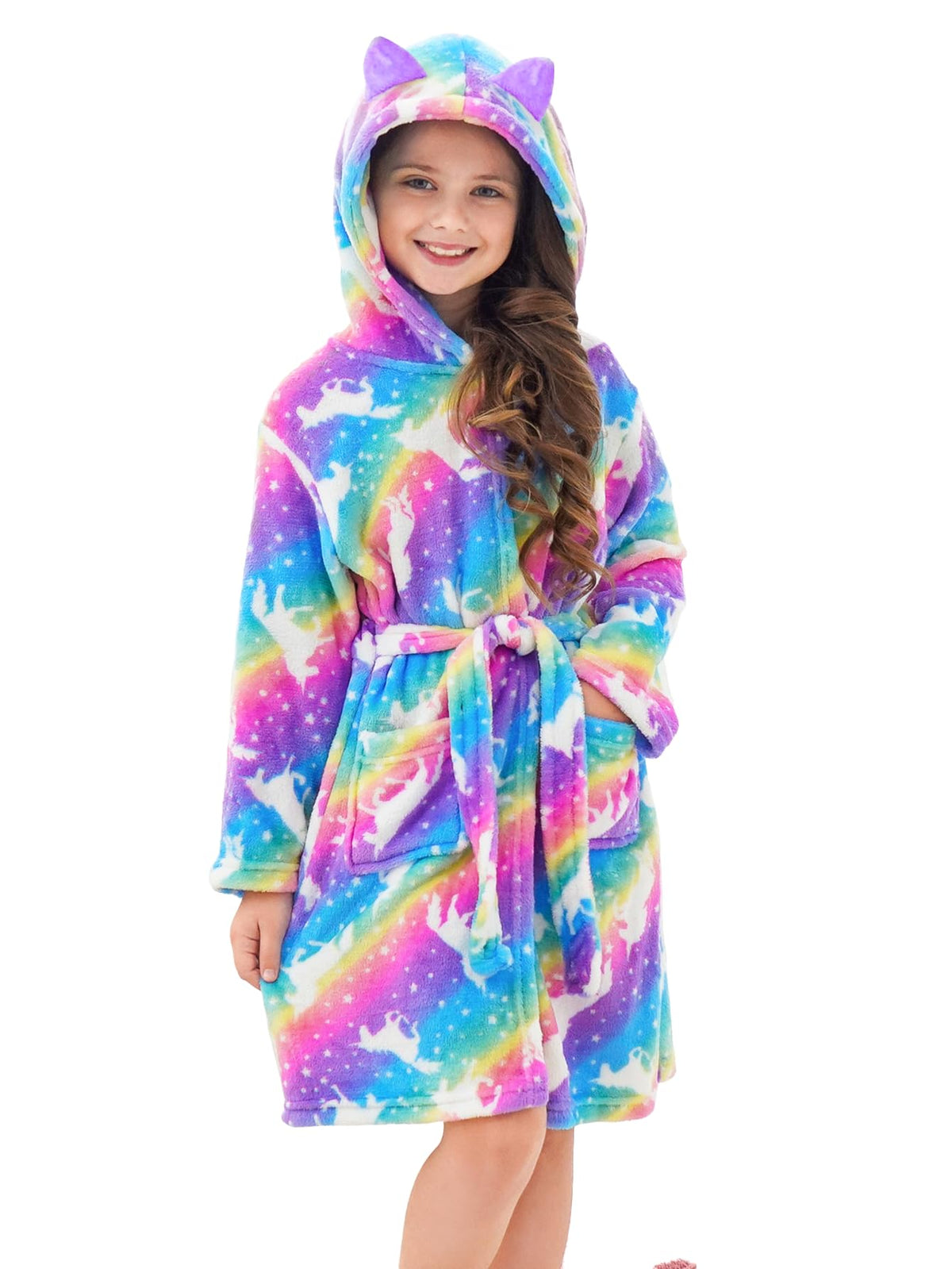 Doctor Unicorn Soft Hooded Rainbow Bathrobe Sleepwear for Girls