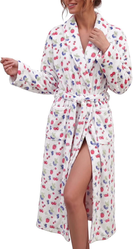 Fleece Robes for Women Cute Soft Printed Bathrobe Lightweight Fall Winter Robe with Belt