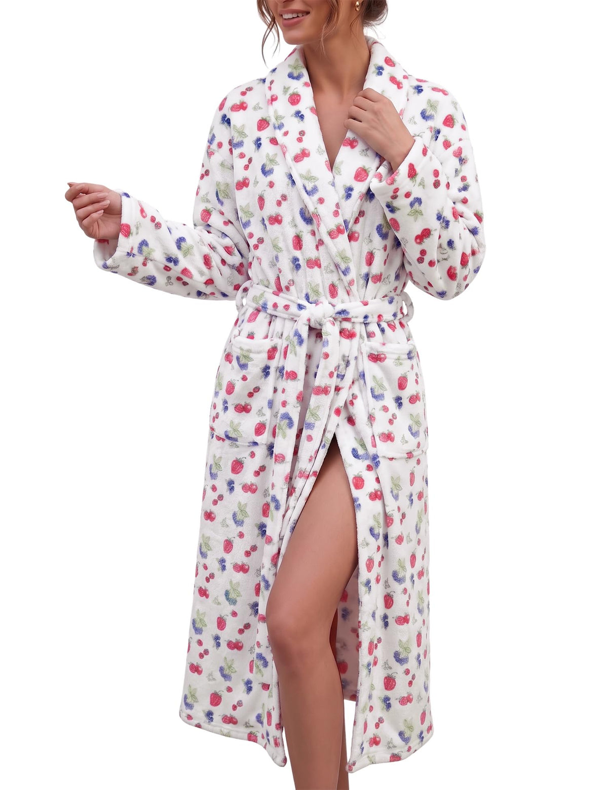 Fleece Robes for Women Cute Soft Printed Bathrobe Lightweight Fall Winter Robe with Belt