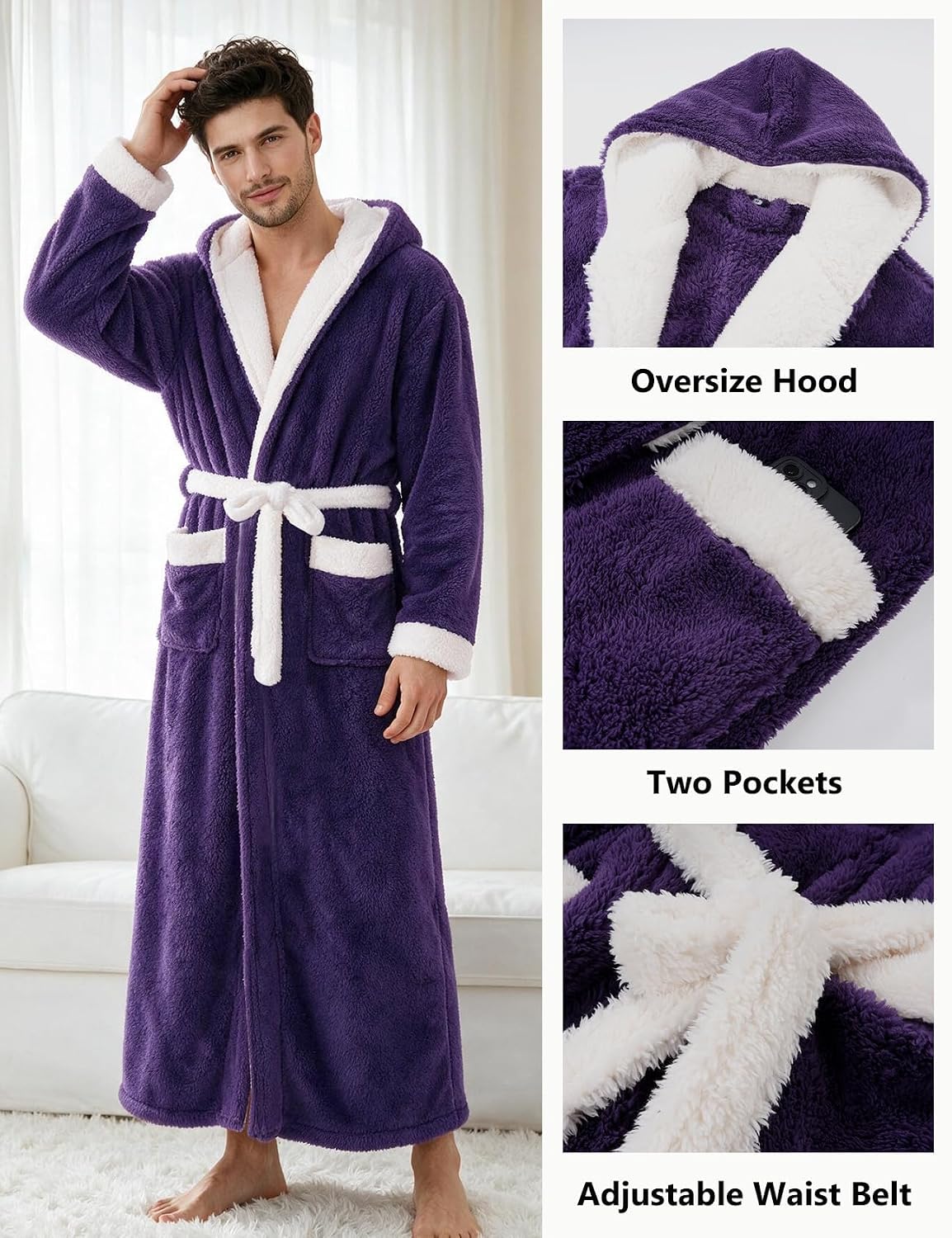 Flygo Mens Plush Hooded Robe Soft Fleece Full Length Bathrobe