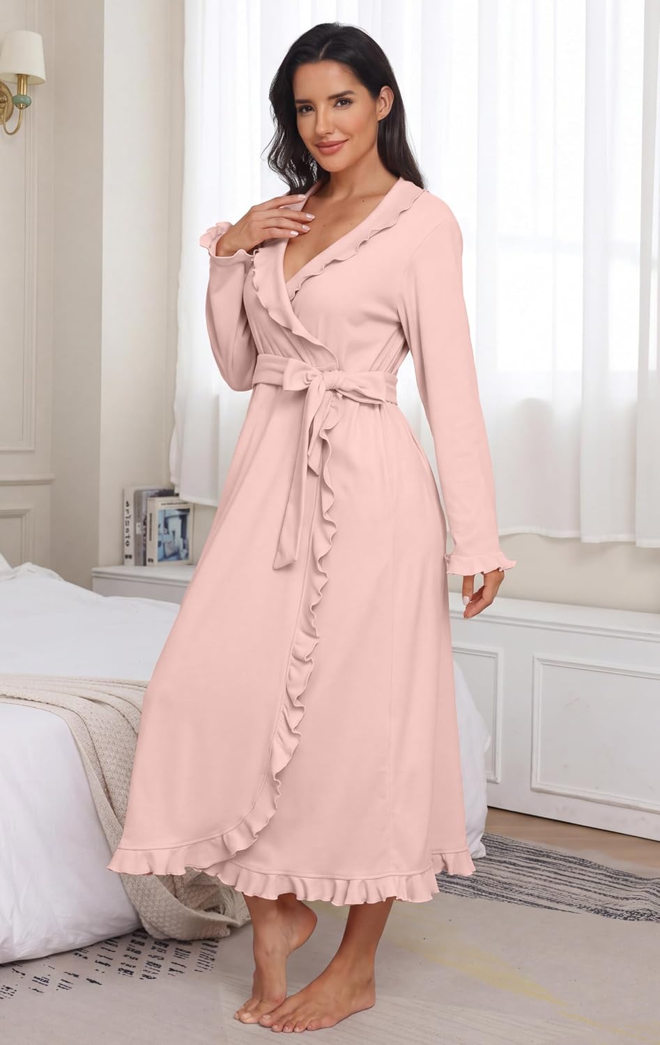 PrinStory Womens Robe Fleece Ruffle Warm Long Bathrobe