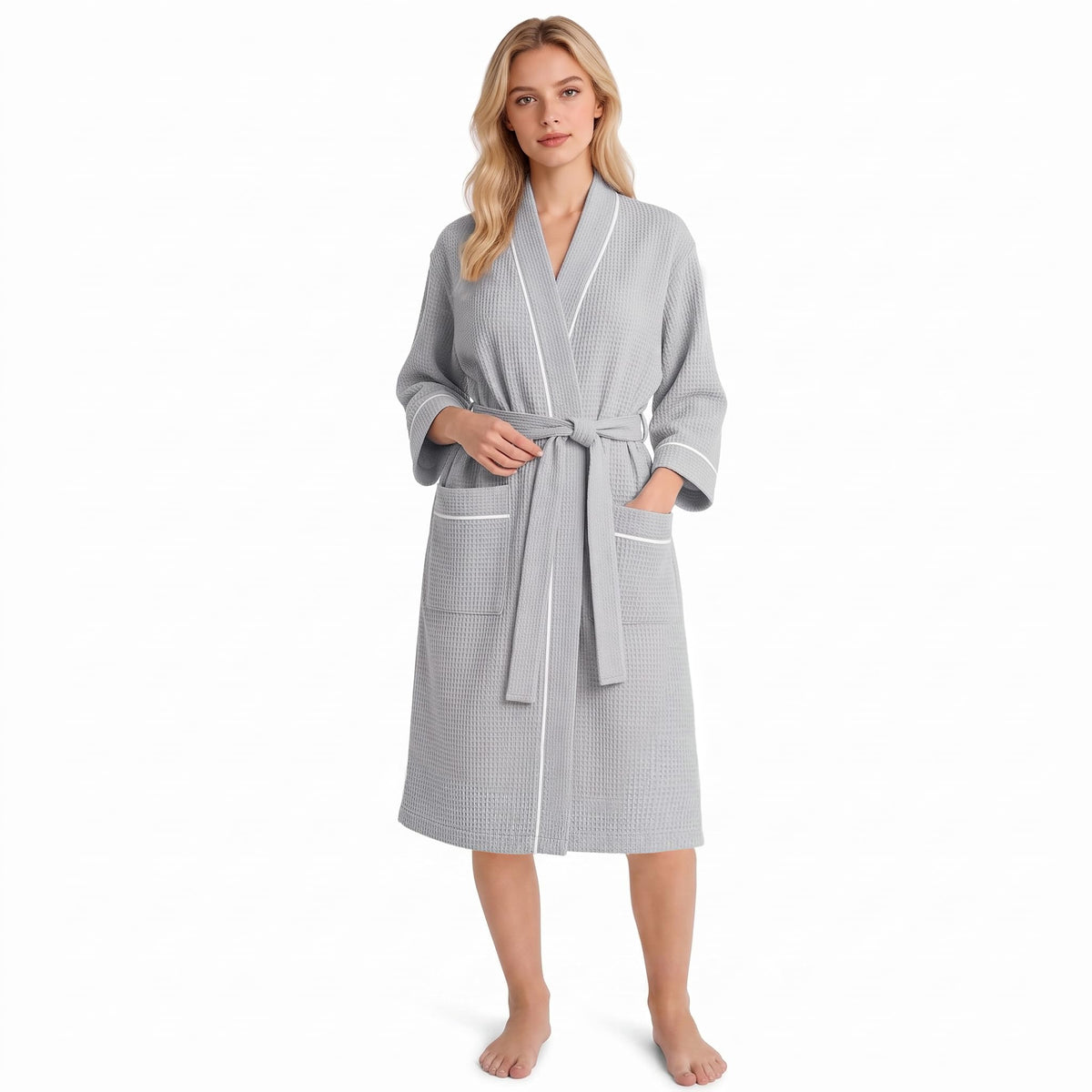 Inner Wish Women's Cotton Waffle Kimono Robe, Lightweight Quick Dry Spa Shower Robe with Pockets