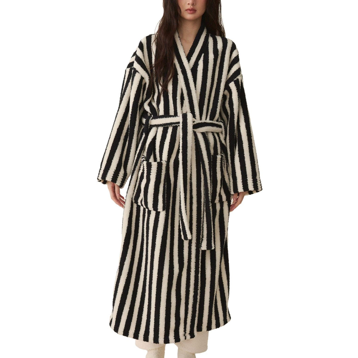 Women's Fuzzy Fleece Long Robe Striped Plush Kimono Warm Thick Fluffy Oversized V Neck Loungewear Maxi Bathrobe