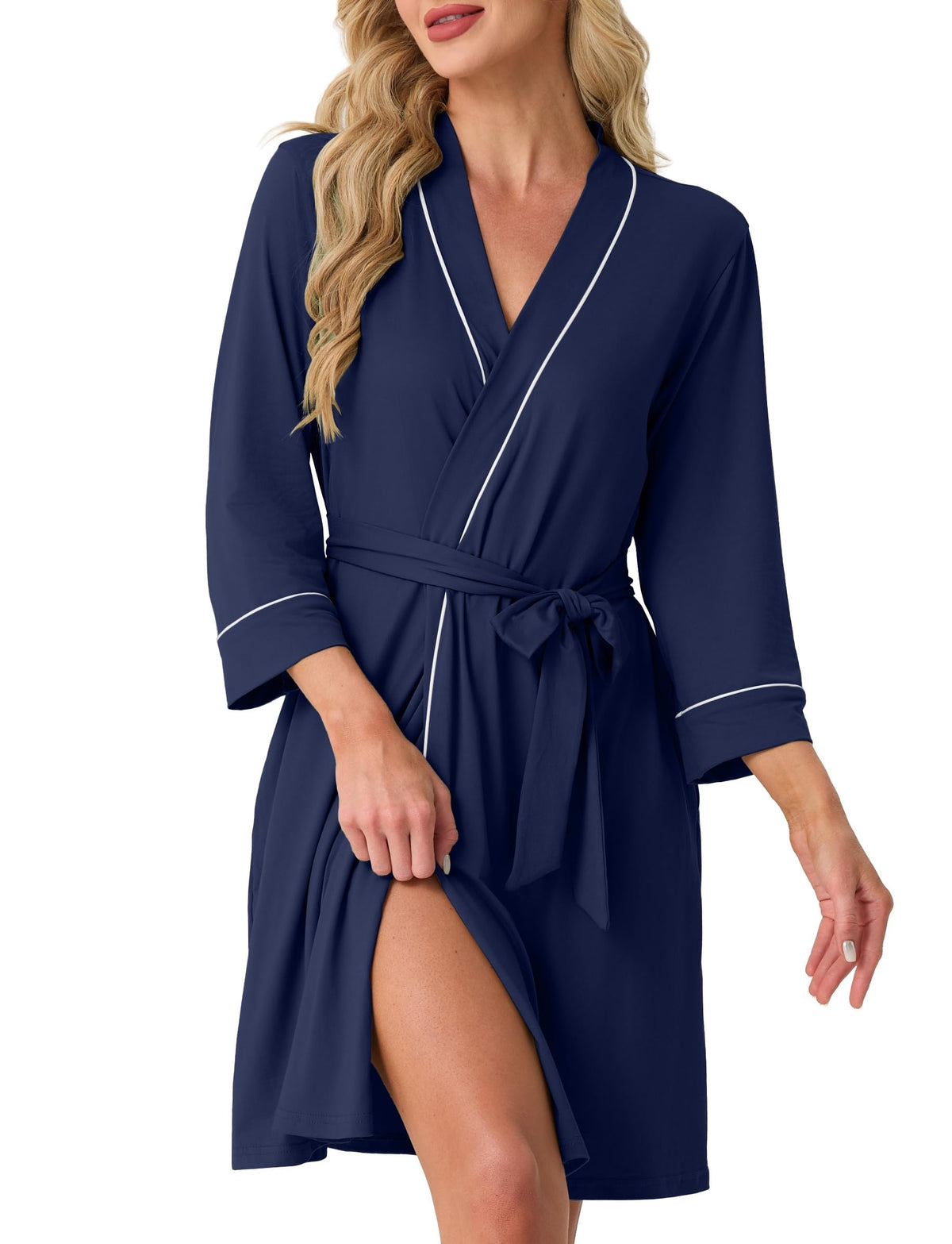 PrinStory Womens Robe Knee Length Soft Knit Bathrobe S-2XL