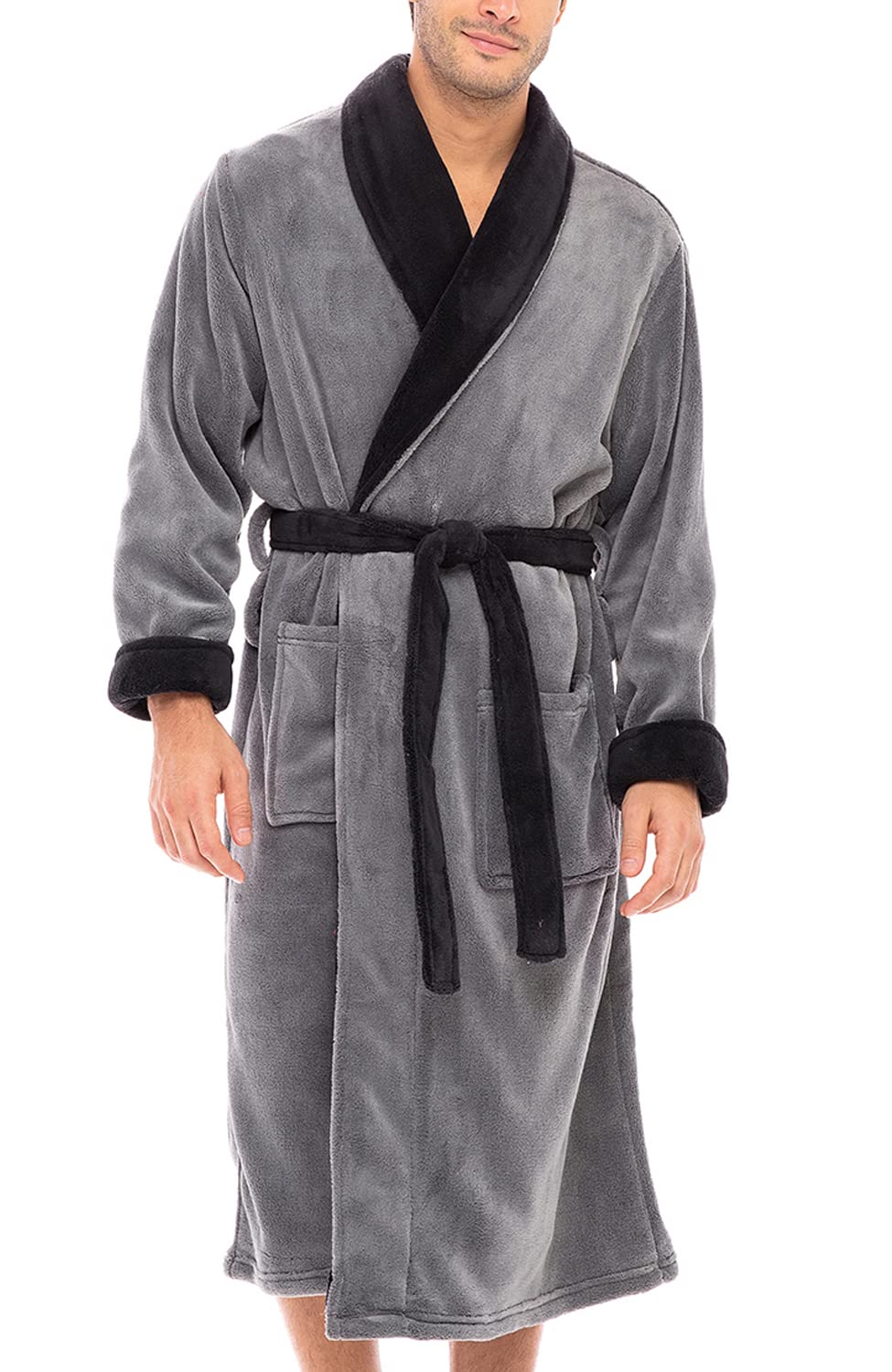 Men's Long Sleeve Lightweight Fleece Robe with Pockets, Bathrobe