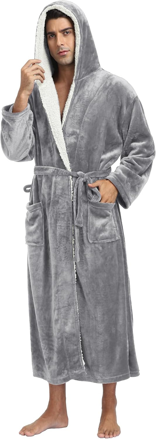 Mens Long Flannel Robes with Hood Plush Warm Bathrobes Cozy Fleece Spa Robe