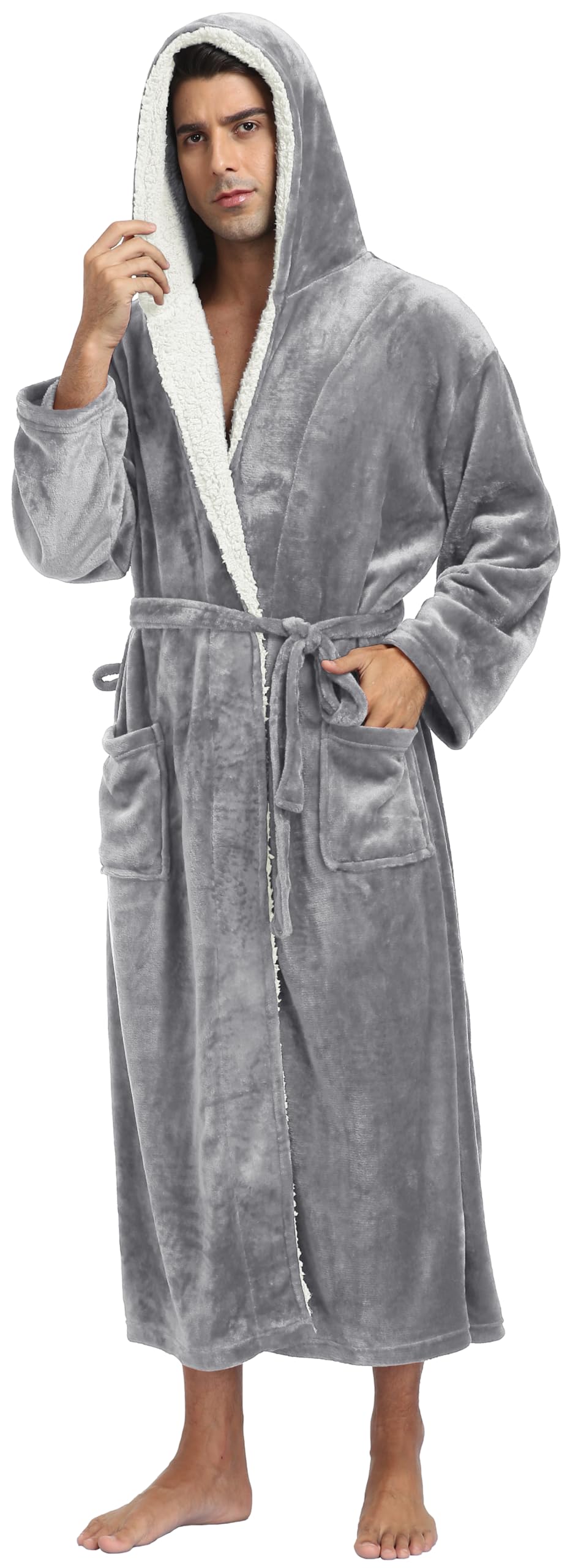 Mens Long Flannel Robes with Hood Plush Warm Bathrobes Cozy Fleece Spa Robe