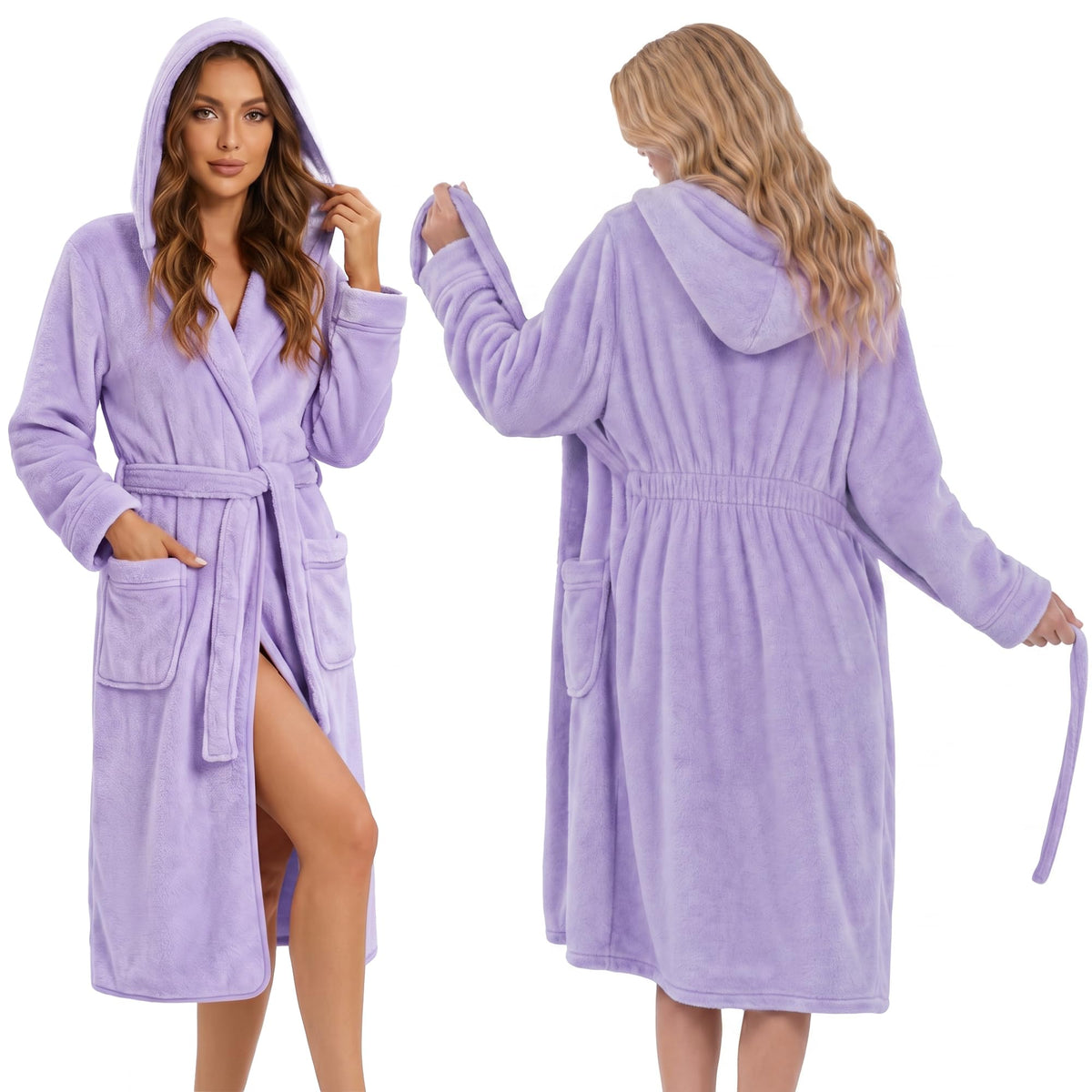 HEARTNICE Womens Hooded Fluffy Robe, Soft Long Bathrobe with Cinched Waist, Cozy Housecoat with Pockets