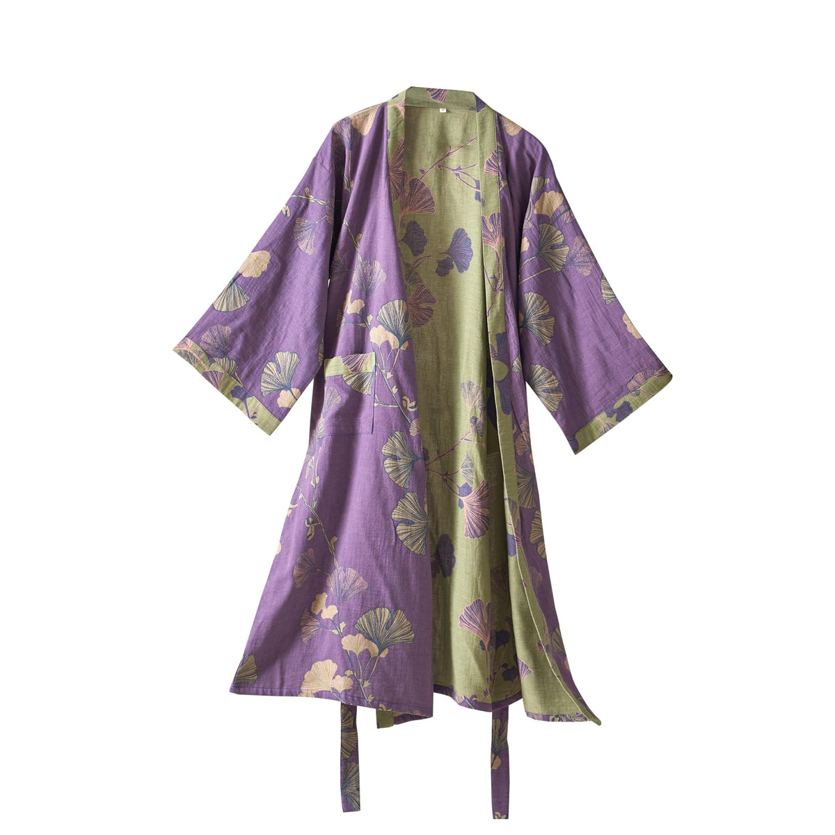 100% Cotton Gauze Ginkgo Leaf Kimono Robe, Long Knit Loose Loungewear Bathrobe Nightgown Ladies Sleepwear for Women