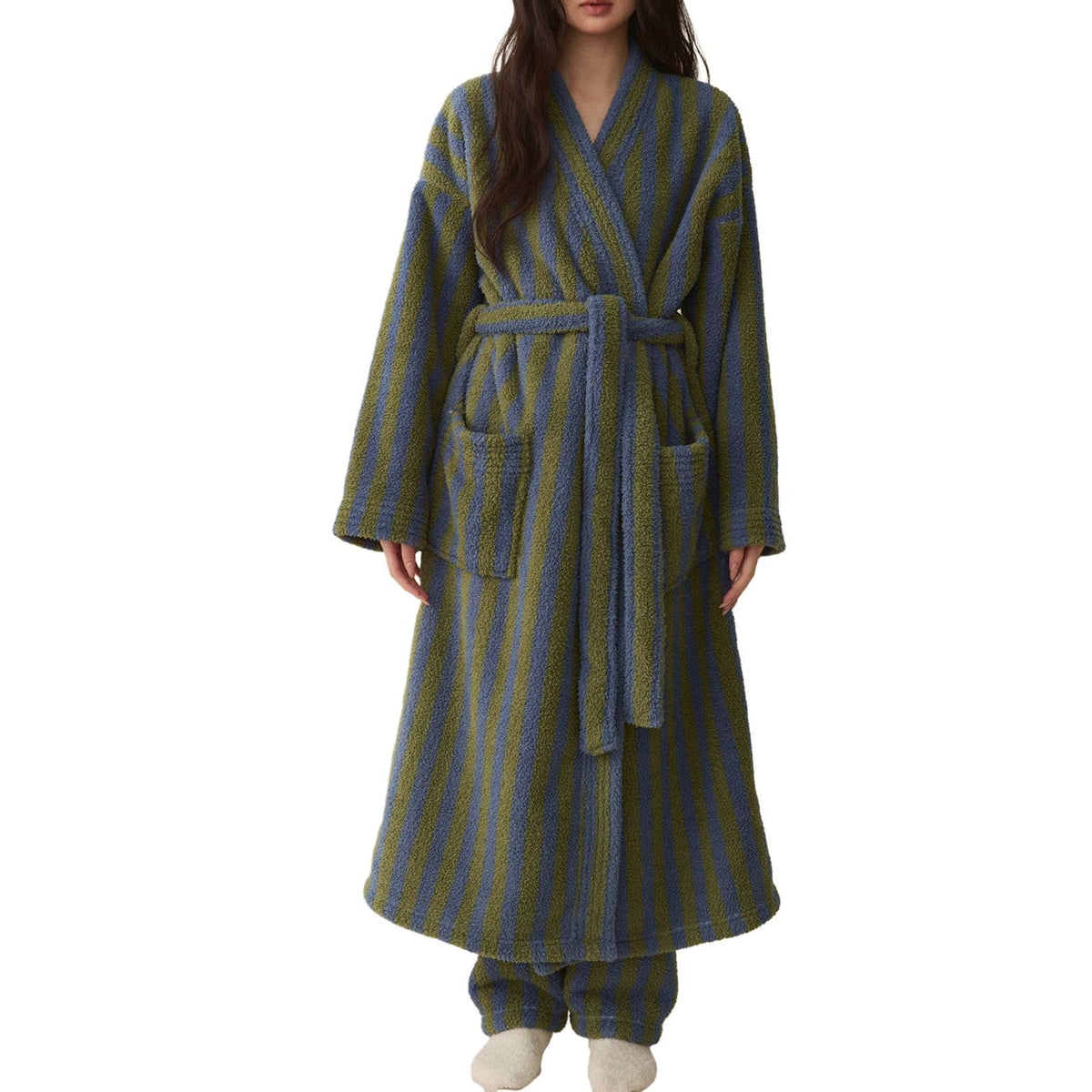 Women's Fuzzy Fleece Long Robe Striped Plush Kimono Warm Thick Fluffy Oversized V Neck Loungewear Maxi Bathrobe