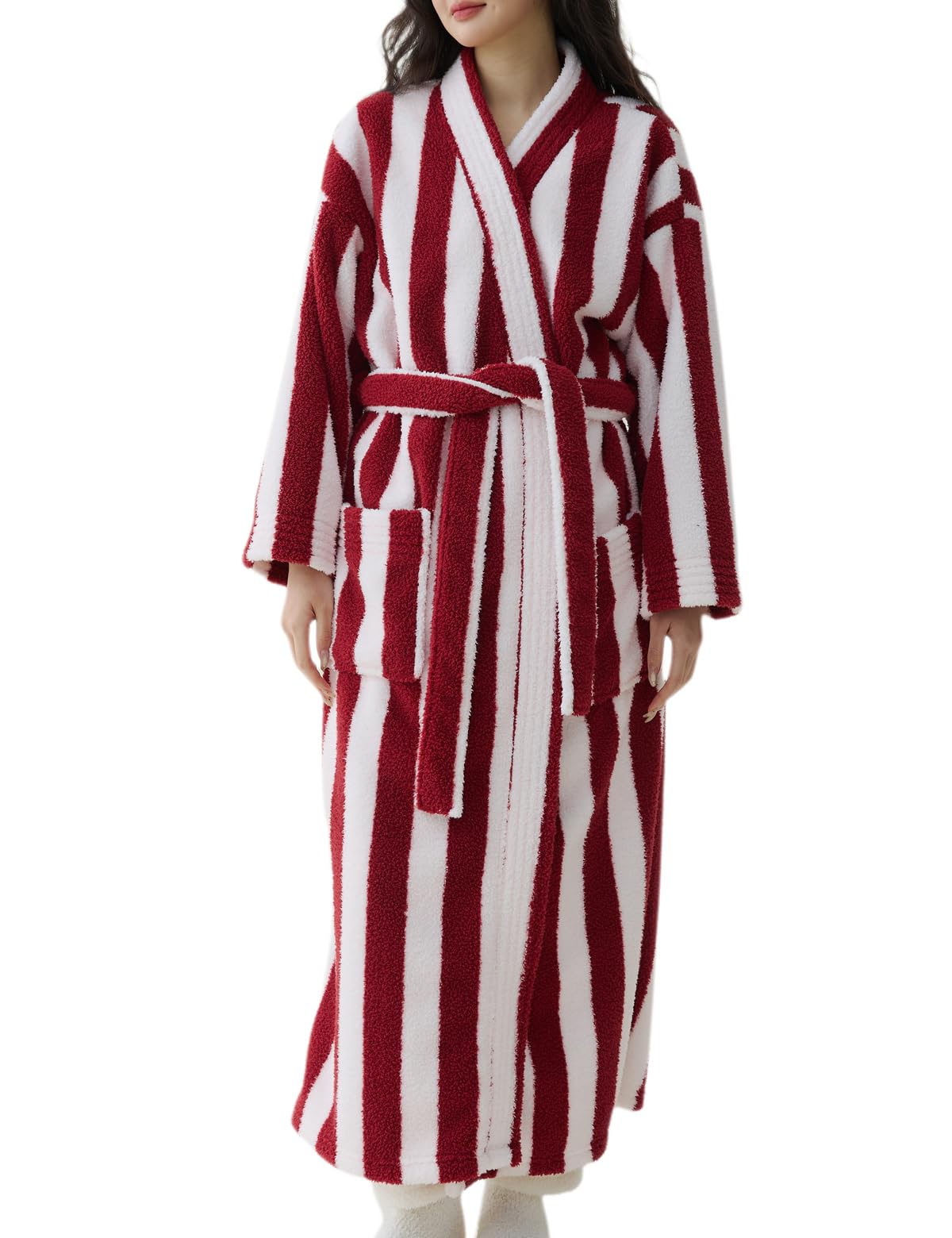 Women's Striped Plush Robe Long Soft Fluffy Bathrobe