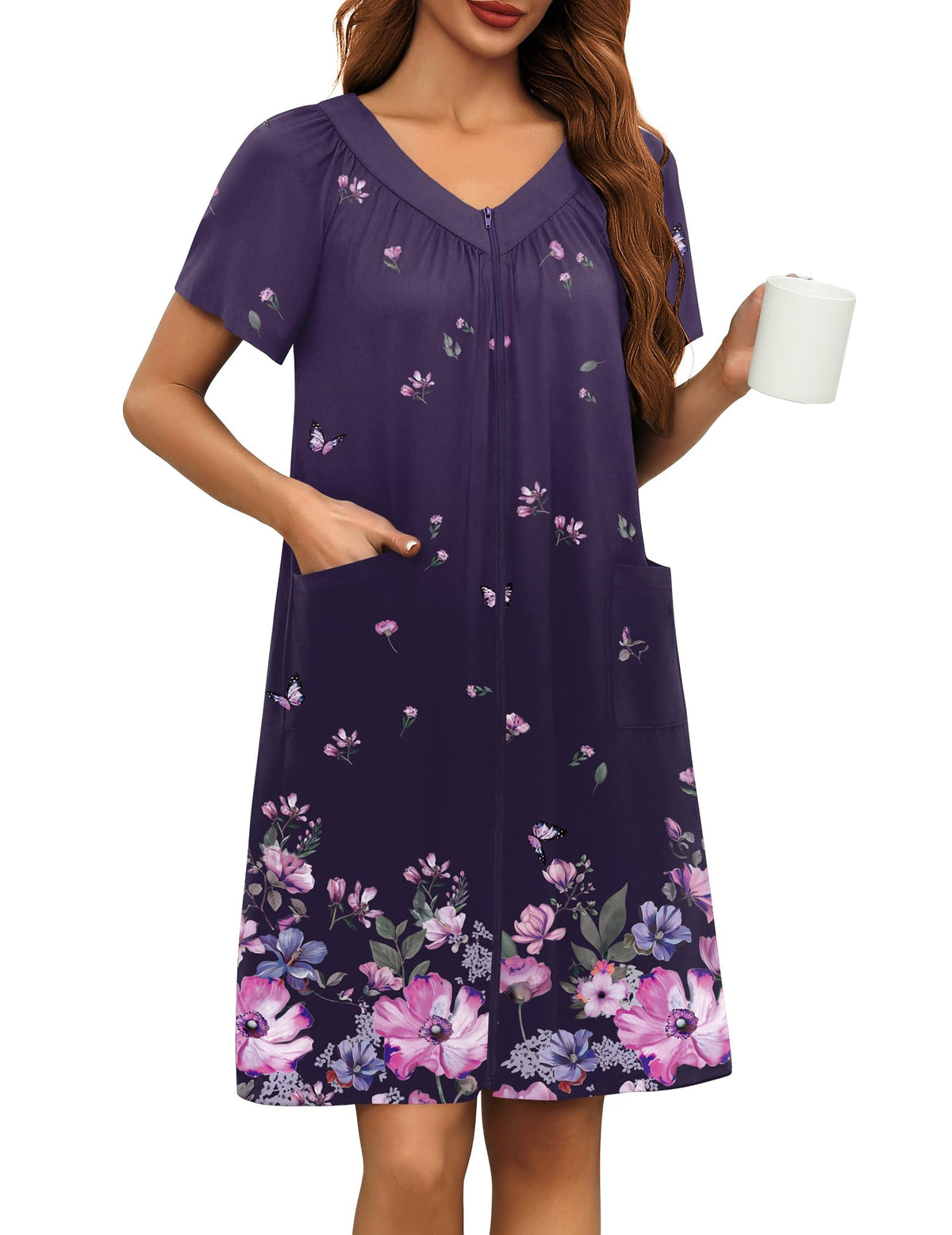 Ekouaer Women's Zipper Front Mumu Duster Robes with Pockets Soft Housecoat