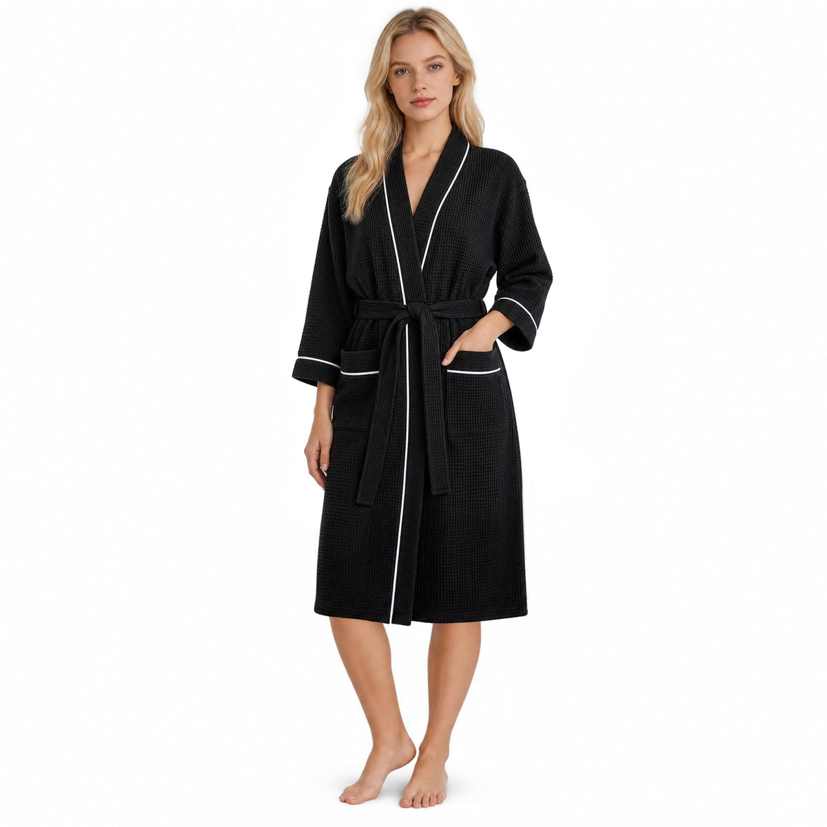 Inner Wish Women's Cotton Waffle Kimono Robe, Lightweight Quick Dry Spa Shower Robe with Pockets