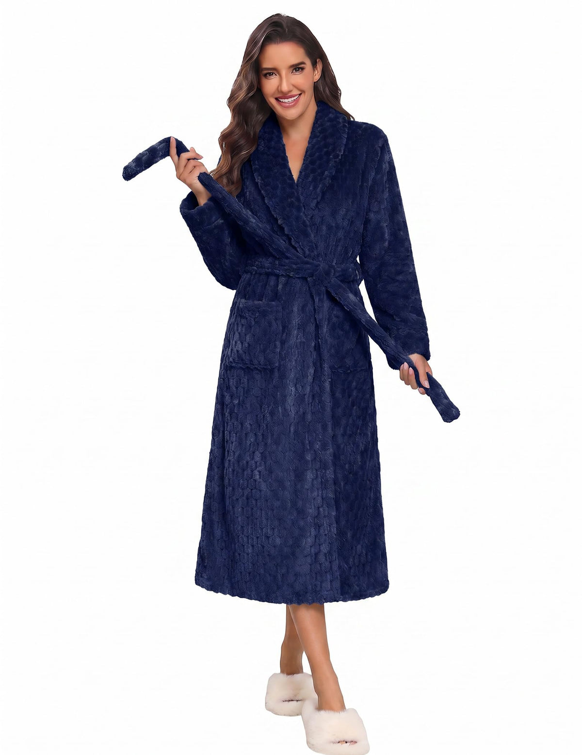 Ekouaer Women's Robe Long Winter Plush Jacquard Bathrobe with Pockets S-XXL