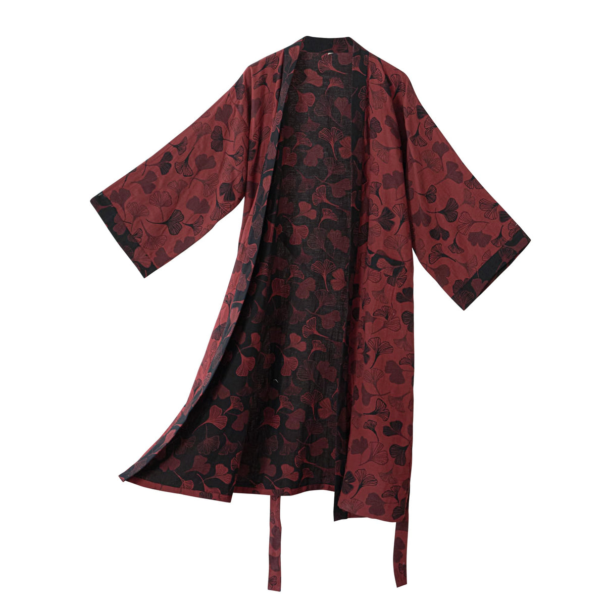 100% Cotton Gauze Ginkgo Leaf Kimono Robe, Long Knit Loose Loungewear Bathrobe Nightgown Ladies Sleepwear for Women